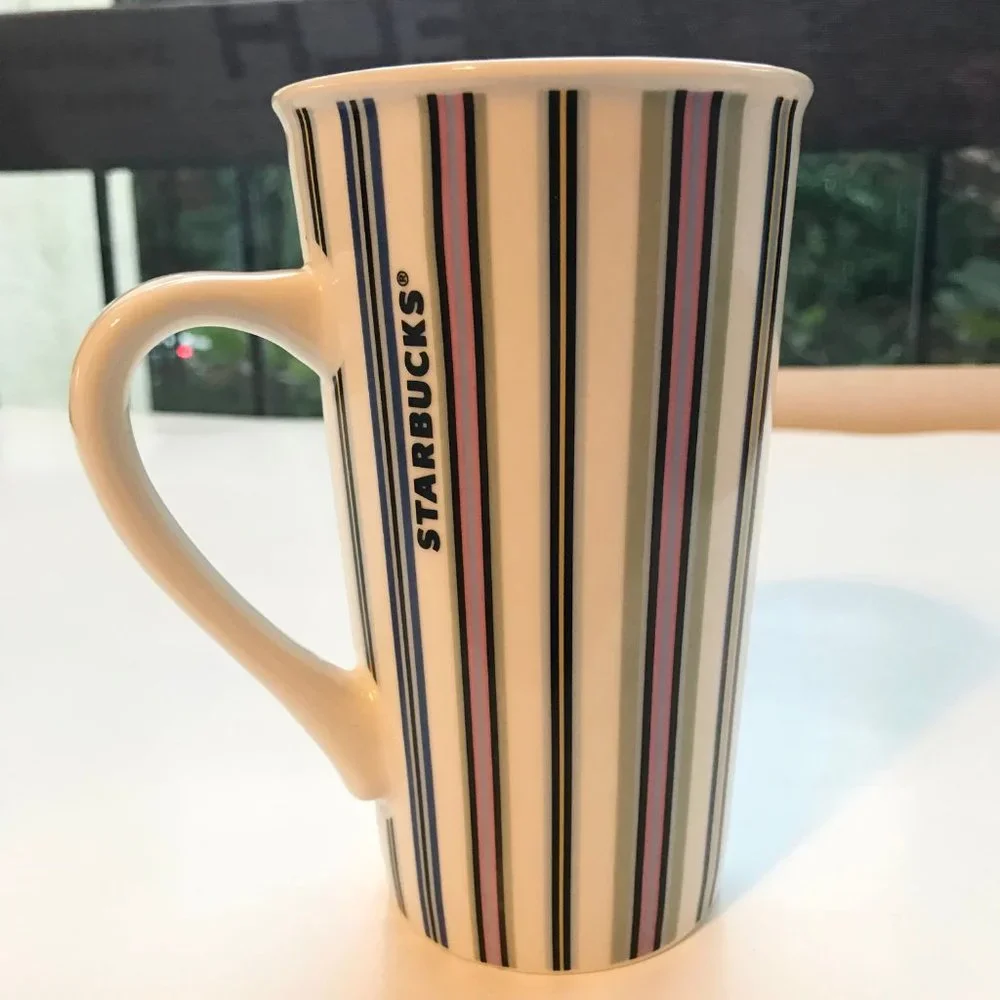 Starbucks Tall Ceramic Candy Striped Coffee Mug Cup Green Pink Blue Yellow